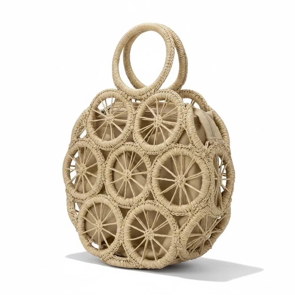 Woven Straw Circle Wheel Tote Bag Beige Raffia Summer Beach Handbag Boho Beach
